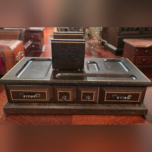 Vintage Dark Wood Jewelry Box Gold Trim Men's Valet